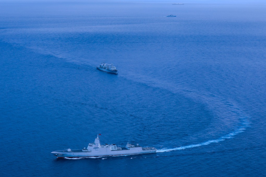 A PLA Navy flotilla consisting of a destroyer, a frigate and a replenishment vessel have carried out combat exercises off Australia in recent days. Photo: CCTV