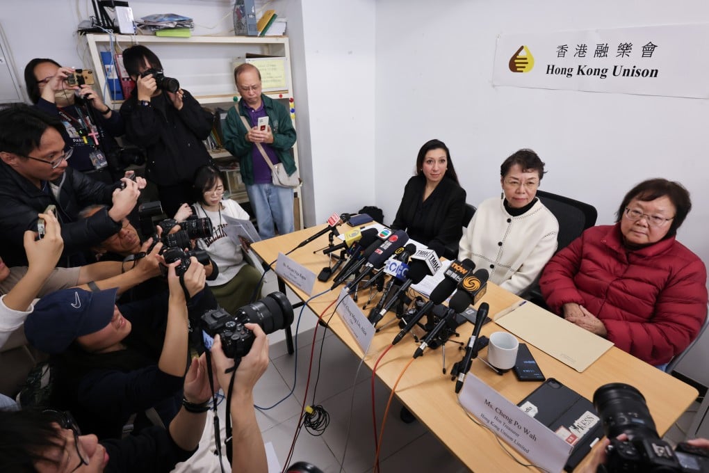 Hong Kong Unison hold a press conference after meeting to discuss the dissolution of the organisation. Seated at the desk (from left) are vice-chairwoman Paryani Puja Kapai, chairwoman Alice Chong and treasurer Cheng Po Wah. Photo: Jelly Tse