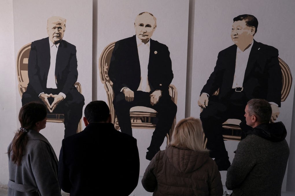 An artwork of US President Donald Trump, Russian President Vladimir Putin and Chinese President Xi Jinping at an exhibition called “Yalta 2.0” at a gallery in Livadia park in Crimea on February 8. The Trump administration has signalled a strategic abandonment of Ukraine and even the broader European community. Photo: Reuters