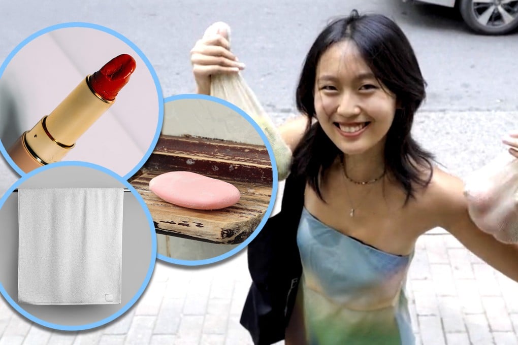 A frugal woman in China only uses second-hand products, including soap, towels and lipstick to help save the planet. Photo: SCMP composite/Shutterstock/Douyin