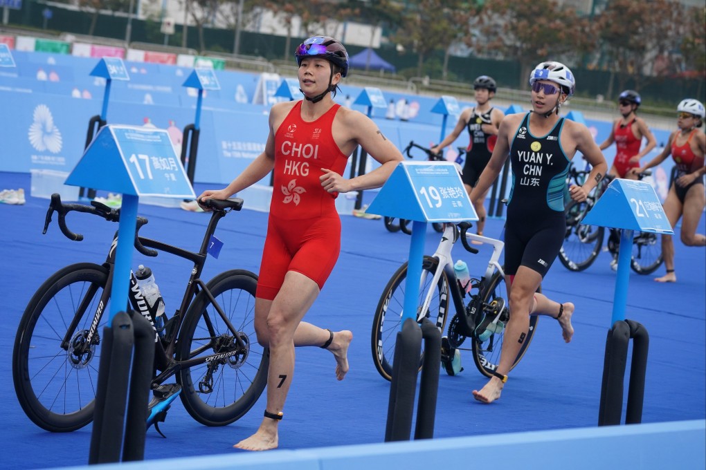 Hong Kong’s Hilda Choi (left) at the start of the cycling leg of the National Games test event. Photo: Elson Li