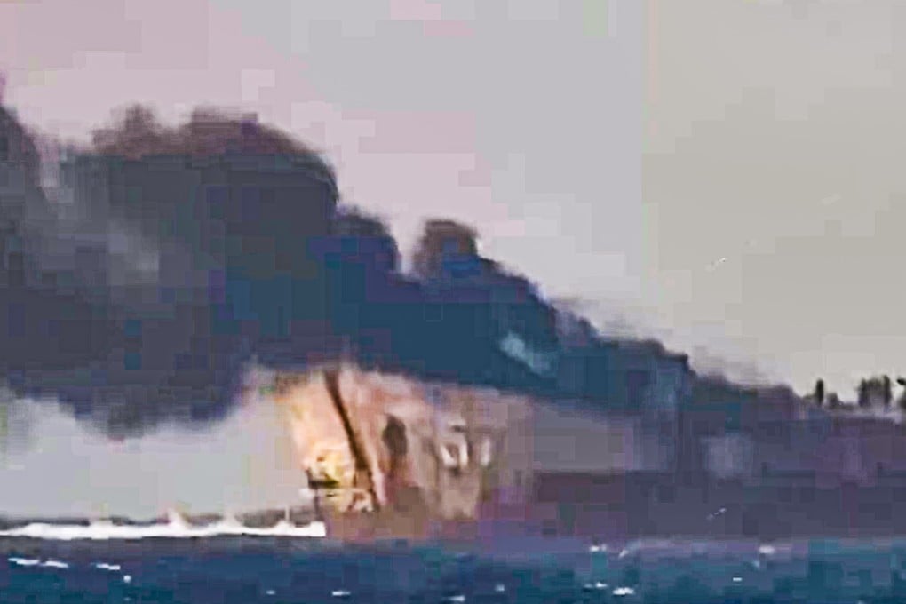 The footage showed thick clouds of smoke pouring from the ship. Photo: CGTN