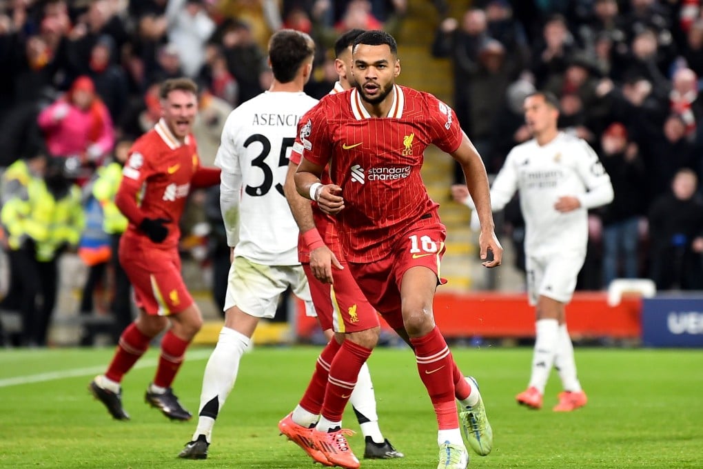 Liverpool forward Cody Gakpo celebrates scoring against Real Madrid in the Champions League league phase. Photo: EPA