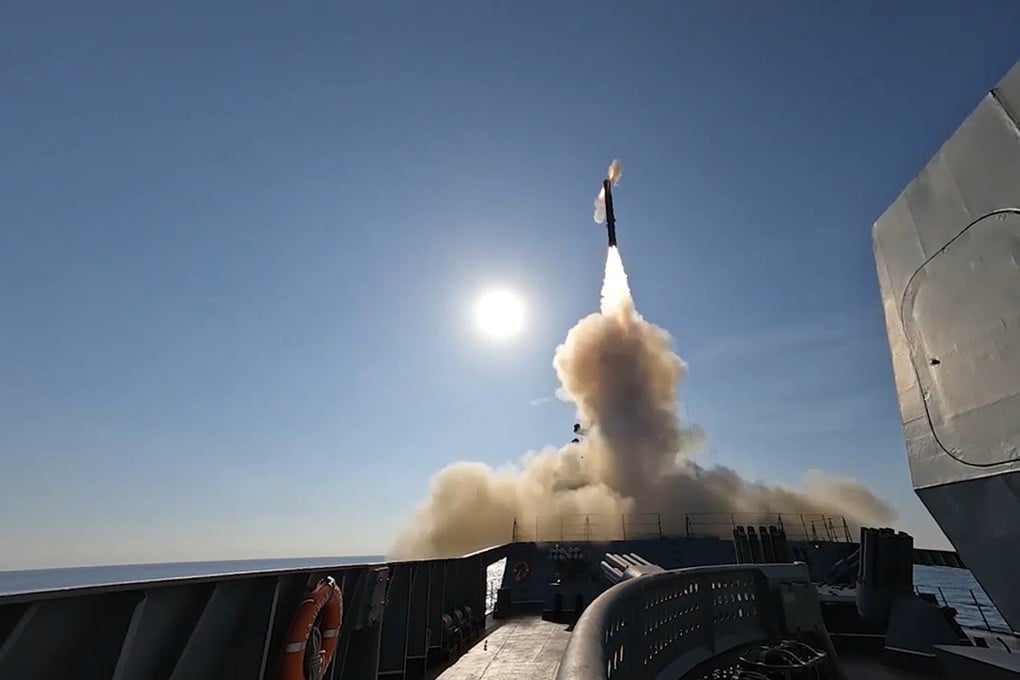 A Russian navy frigate launches a hypersonic cruise missile during drills in the Mediterranean Sea in 2024. Photo: AP