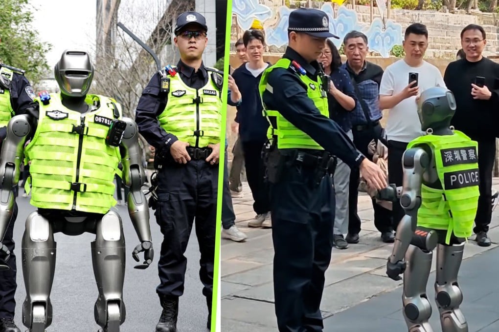 A humanoid police robot patrols Shenzhen, captivating the public and bringing sci-fi to life. Photo: SCMP composite/YouTube/sz.gov.cn