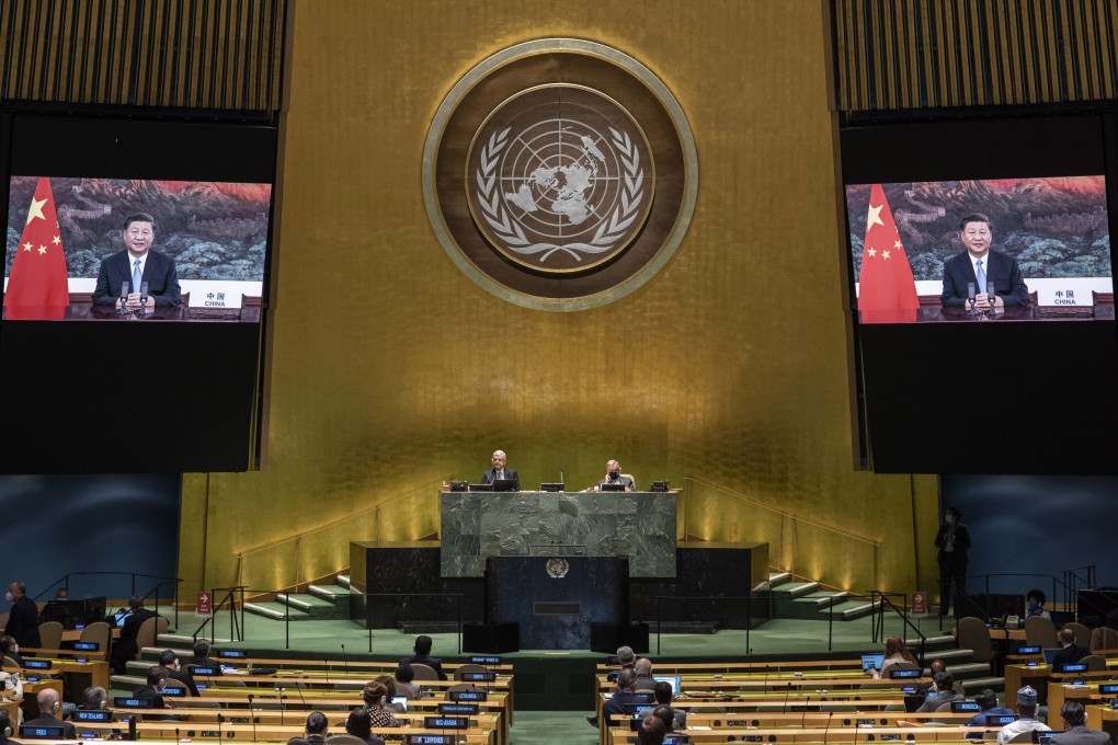 Chinese President Xi Jinping addresses the United Nations General Assembly via video in September 2020. Donald Trump’s targeting of the UN has created an opportunity for China to expand its power. Photo: UN handout via Xinhua