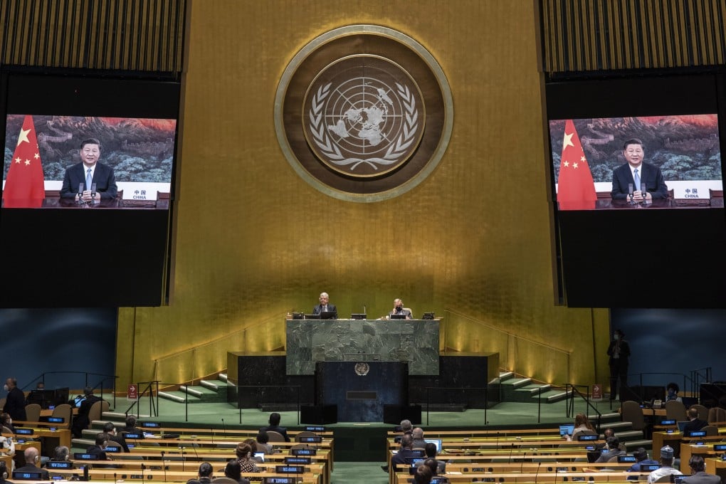 Chinese President Xi Jinping addresses the United Nations General Assembly via video in September 2020. Donald Trump’s targeting of the UN has created an opportunity for China to expand its power. Photo: UN handout via Xinhua