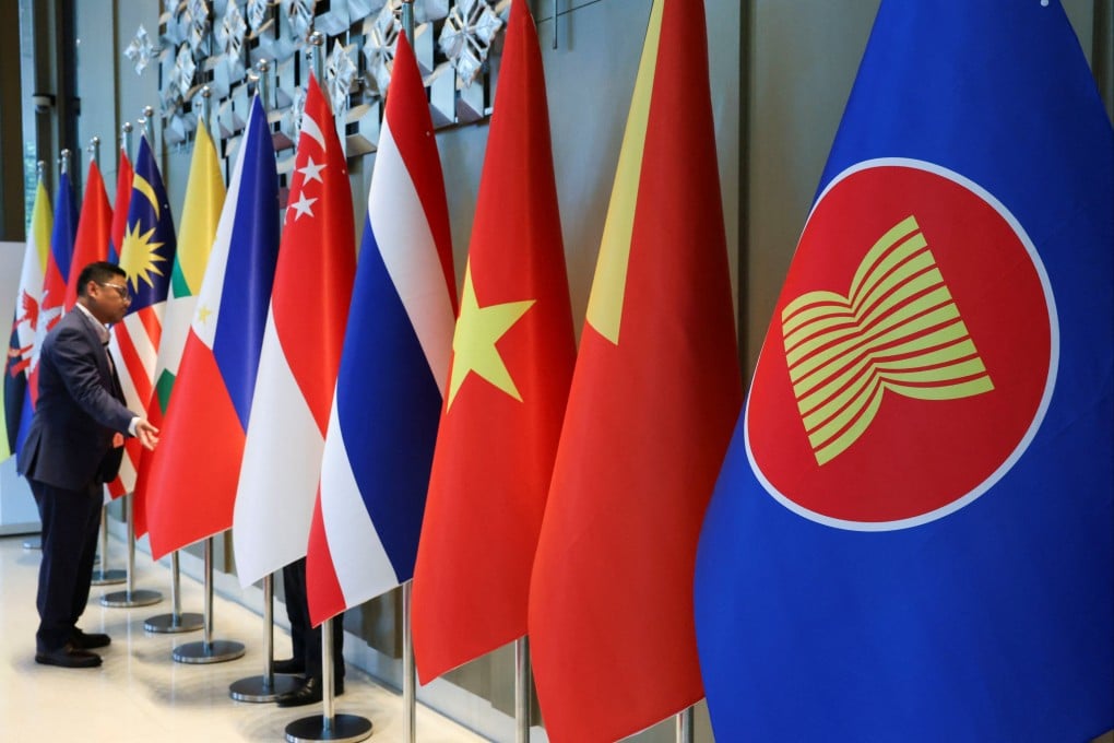 The Asean flag (right) is seen alongside the flags of member countries ahead of the grouping’s foreign ministers’ retreat in Langkawi, Malaysia, on January 17. Photo: Reuters