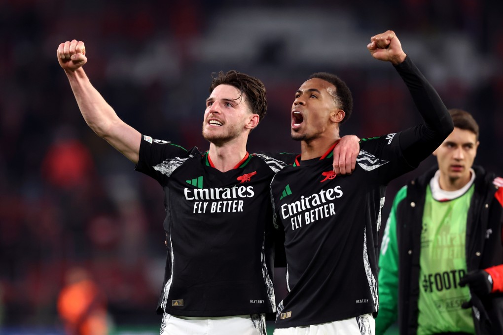 Declan Rice (left) and Gabriel celebrate after Arsenal’s massive victory over PSV Eindhoven in the Uefa Champions League. Photo: dpa