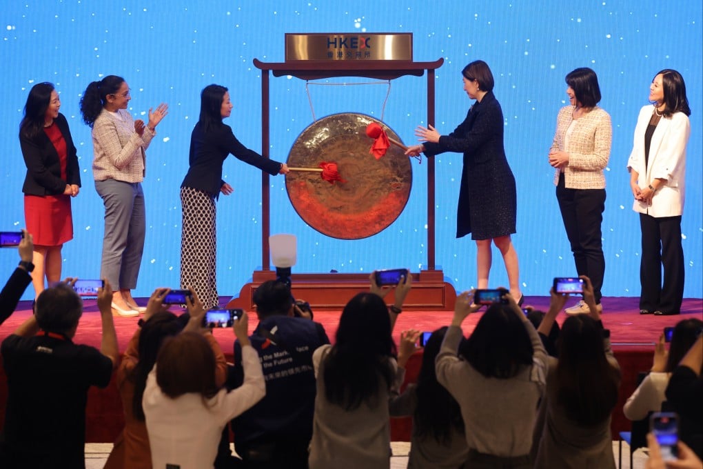 Bonnie Chan (third from right), then co-chief operating officer of HKEX, and other women business leaders attend an event for a gender equality campaign on March 8, 2023. Photo: May Tse