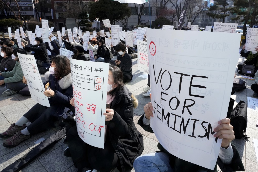 People stage a rally supporting feminism in Seoul, South Korea, on February 12, 2022. Photo: AP
