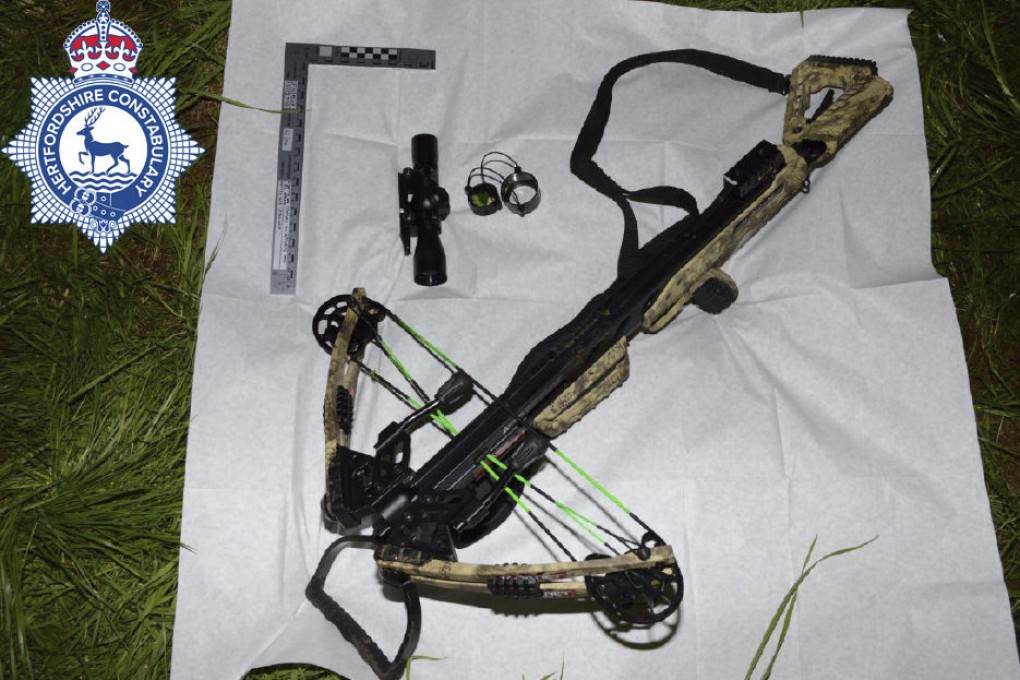 A police handout photo shows the crossbow used by Kyle Clifford. Photo: Hertfordshire Police via AP