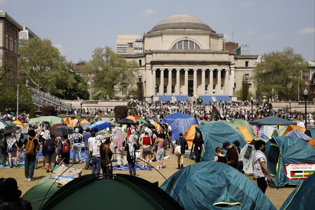 Student protesters gather inside their encampment on the Columbia University campus in New York in April 2024. Photo: AP