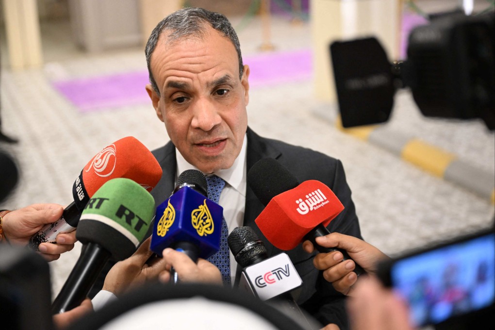 Egypt’s Foreign Minister Badr Abdelatty speaks to members of the media after attending an emergency meeting of the Organization of Islamic Cooperation (OIC) in Jeddah early on Saturday. Photo: AFP