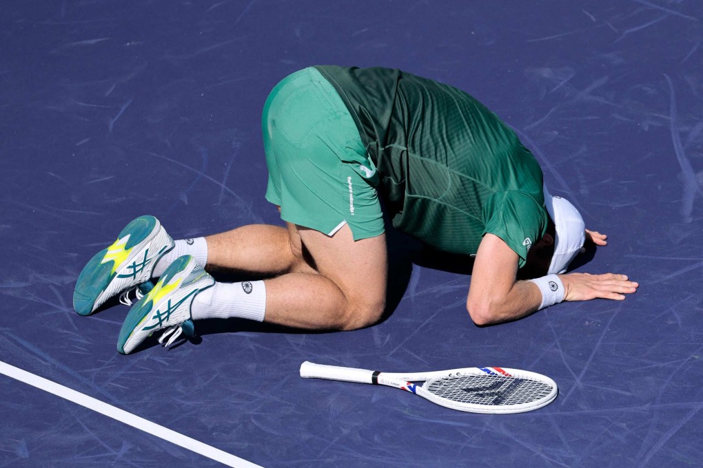 Tallon Griekspoor drops to the court after beating Alexander Zverev at Indian Wells. Photo: AFP