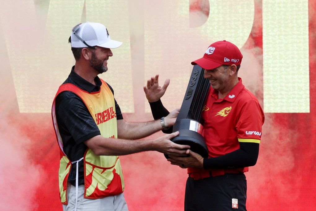Fireballs GC’s Sergio Garcia celebrates with his caddie after winning LIV Golf Hong Kong. Photo: Reuters
