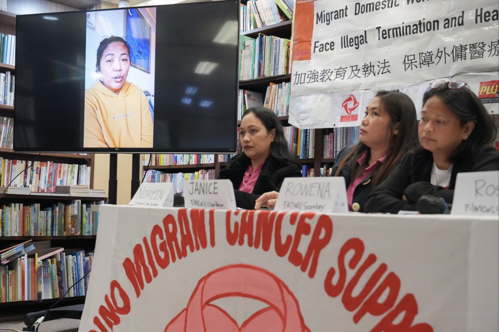Mary Ann (on screen) addresses a press conference. Her sister, a domestic helper, died after being sacked following a cancer diagnosis. Photo: May Tse
