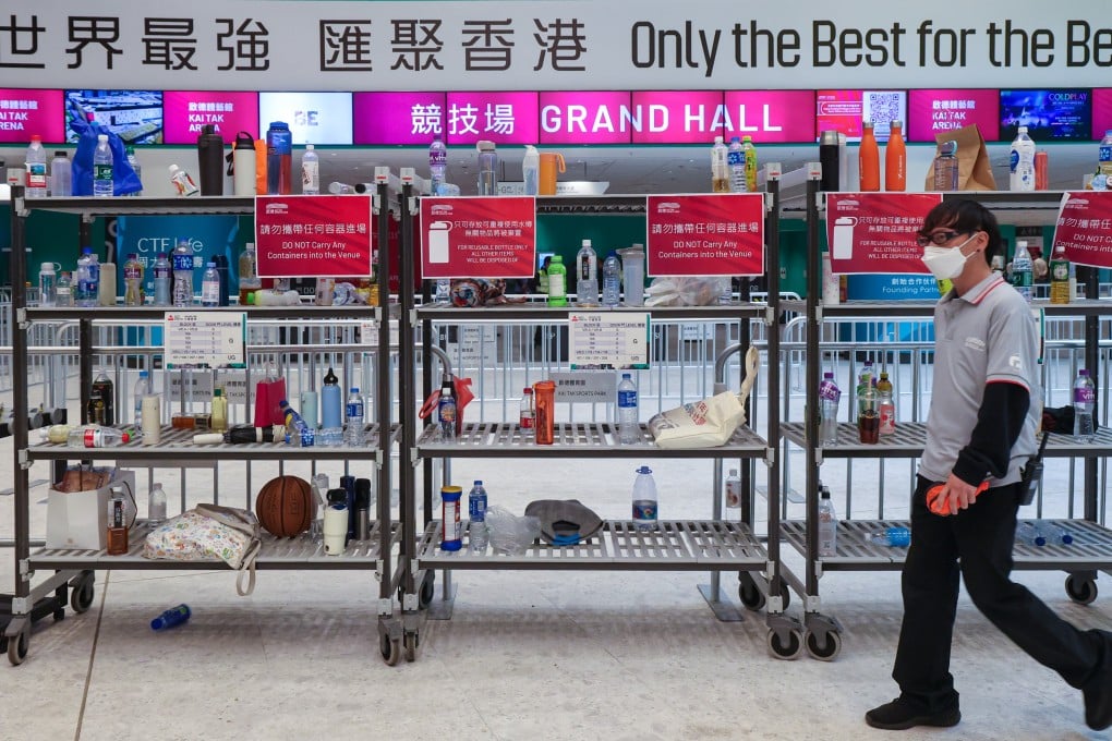 Water bottles left at the entrance of the venue at Kai Tak Sports Park. Photo: Dickson Lee