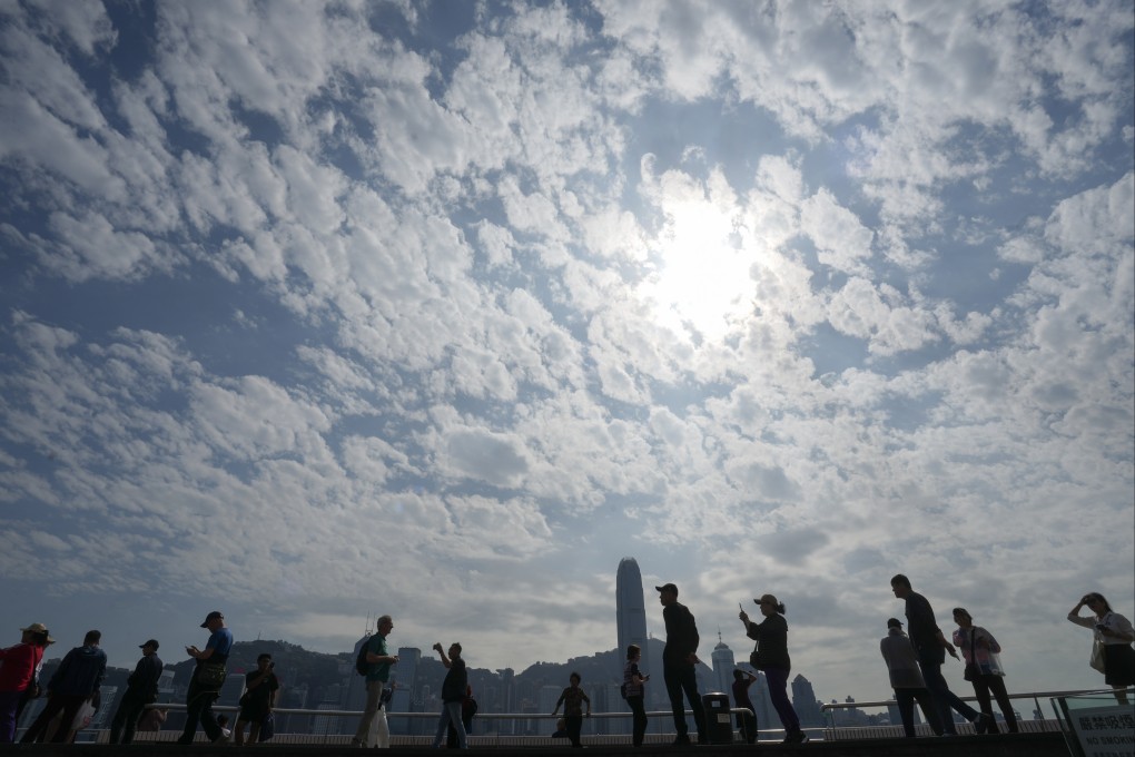 People visits at the waterfront in Tsim Sha Tsui under warm weather.  Hong Kong will have a warm week ahead before the arrival of another cold front over the weekend according to the Observatory.  Photo: Sam Tsang