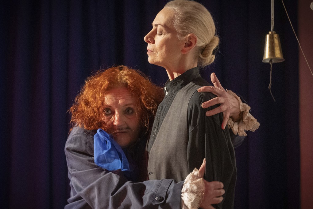 Two actresses on stage at the Chernihiv Regional Youth Theatre in Ukraine. As most Ukrainian men have joined the armed forces in the war against Russia’s invasion, women at the theatre are taking on traditionally male roles. Photo: AP