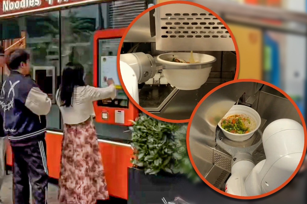 A fully automated noodle shop in China prepares orders in 48 seconds for just US$1.4, with no tip required. Photo: SCMP composite/Douyin