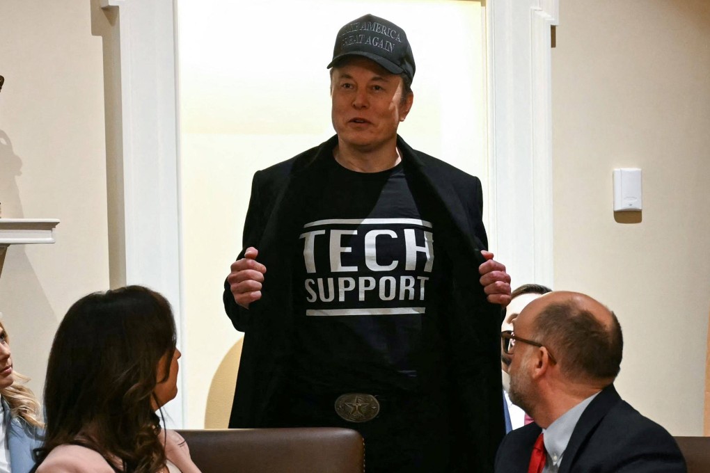 Elon Musk wears a shirt that says ‘Tech Support’ during a cabinet meeting with US President Donald Trump. Photo: AP