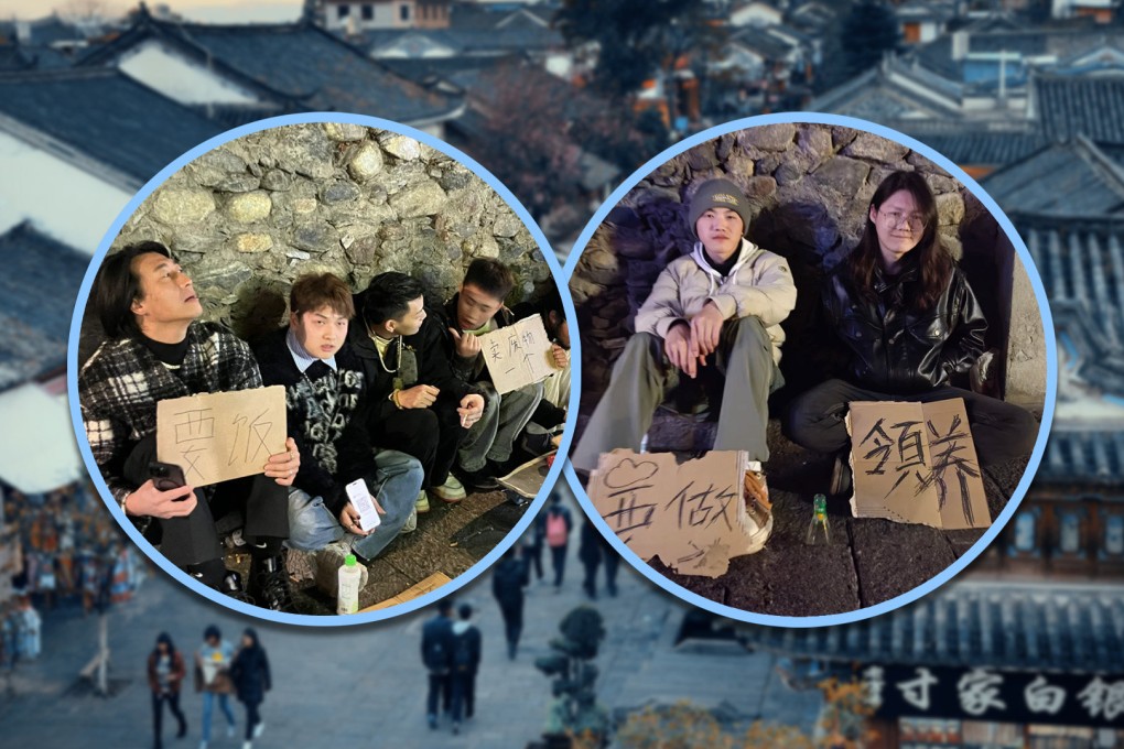 Playful beggars have swarmed the renowned Chinese city of Dali, requesting alcohol and cigarettes, which has led local authorities to issue a civilised tourism mandate. 
Photo: SCMP composite/Shutterstock/RedNote