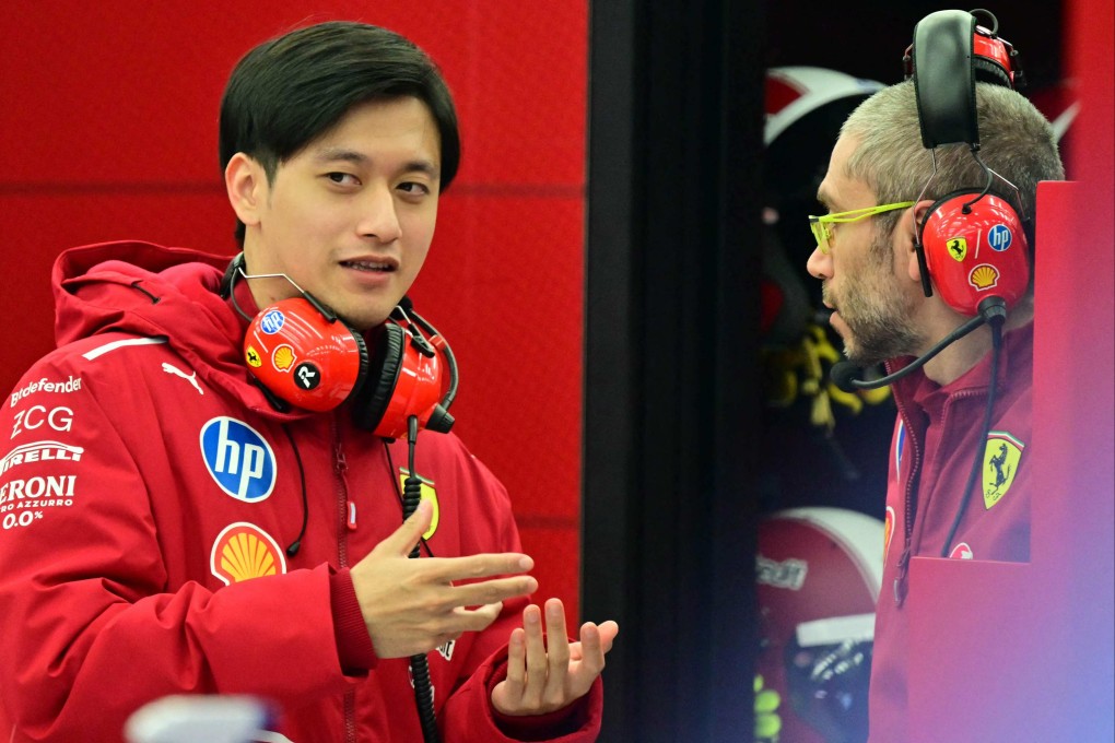 Ferrari’s Zhou Guanyu speaks to a mechanic on the second day of Formula One pre-season testing at the Bahrain International Circuit in Sakhir last month. Photo: AFP