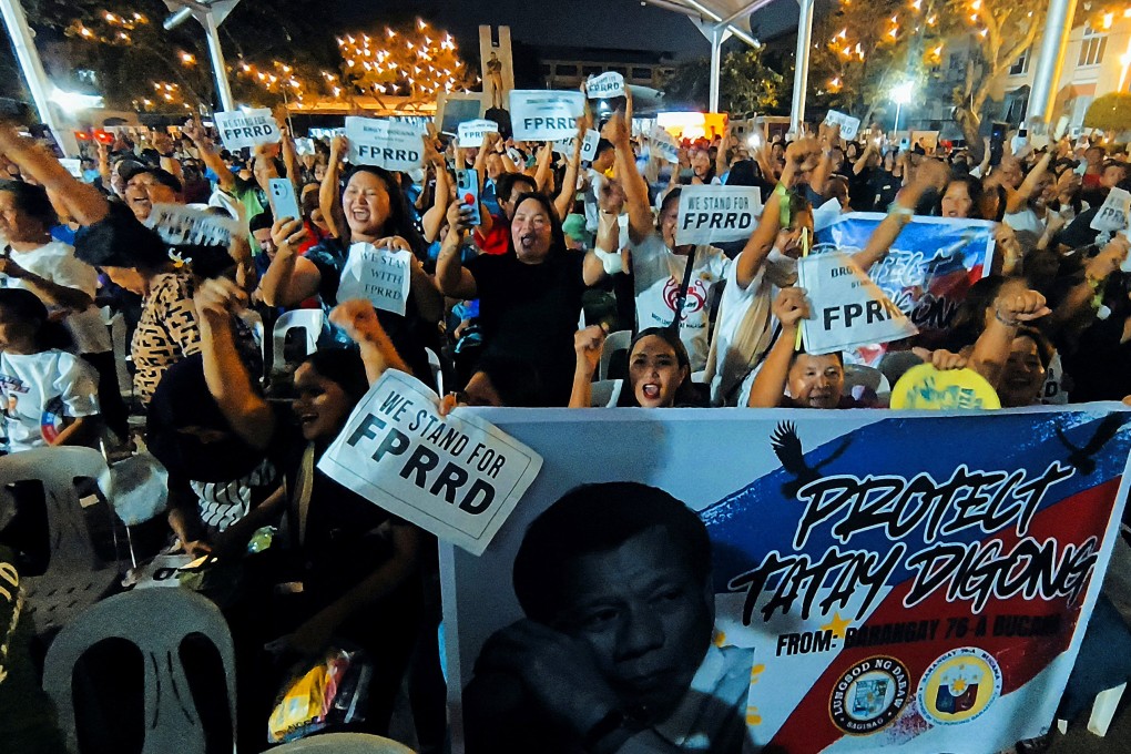 Rodrigo Duterte’s supporters protest against his arrest in Davao City, Philippines, on Monday. Photo: Reuters