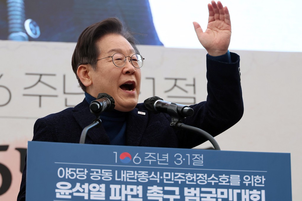 The leader of South Korea’s main opposition Democratic Party, Lee Jae-myung, addresses a rally in Seoul, South Korea, on March 1. Photo: EPA-EFE/Yonhap