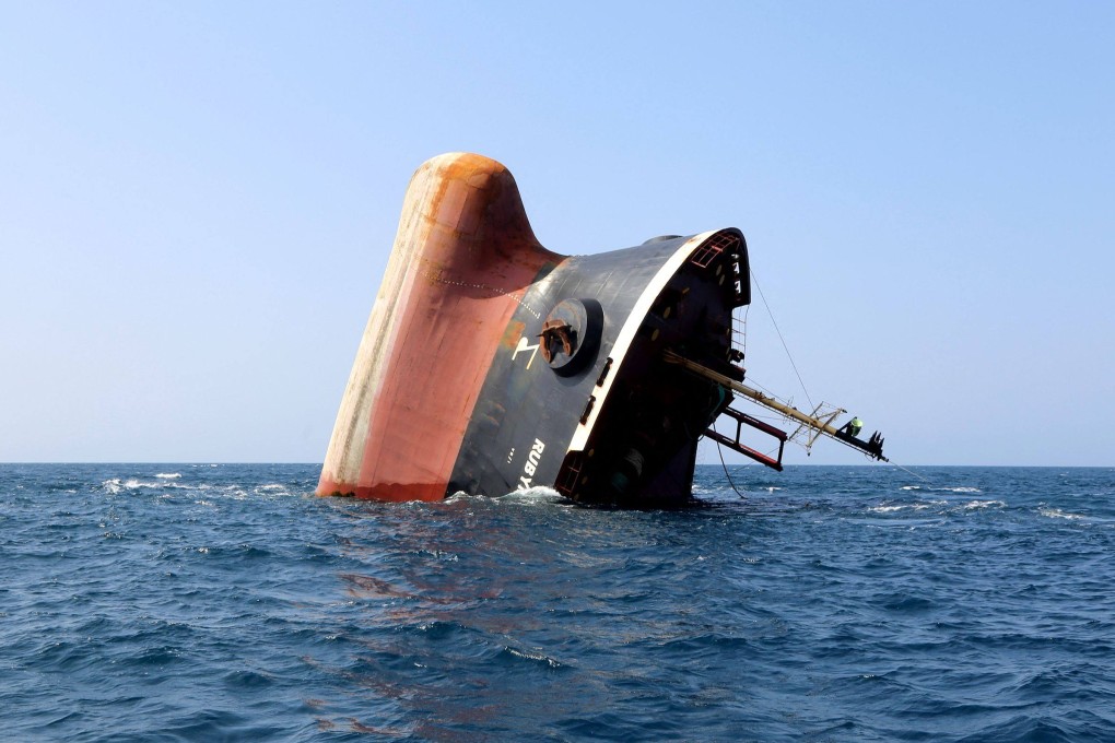 The Rubymar cargo ship sinking off the coast of Yemen in March, 2024 after a Houthi missile attack. File photo: AFP
