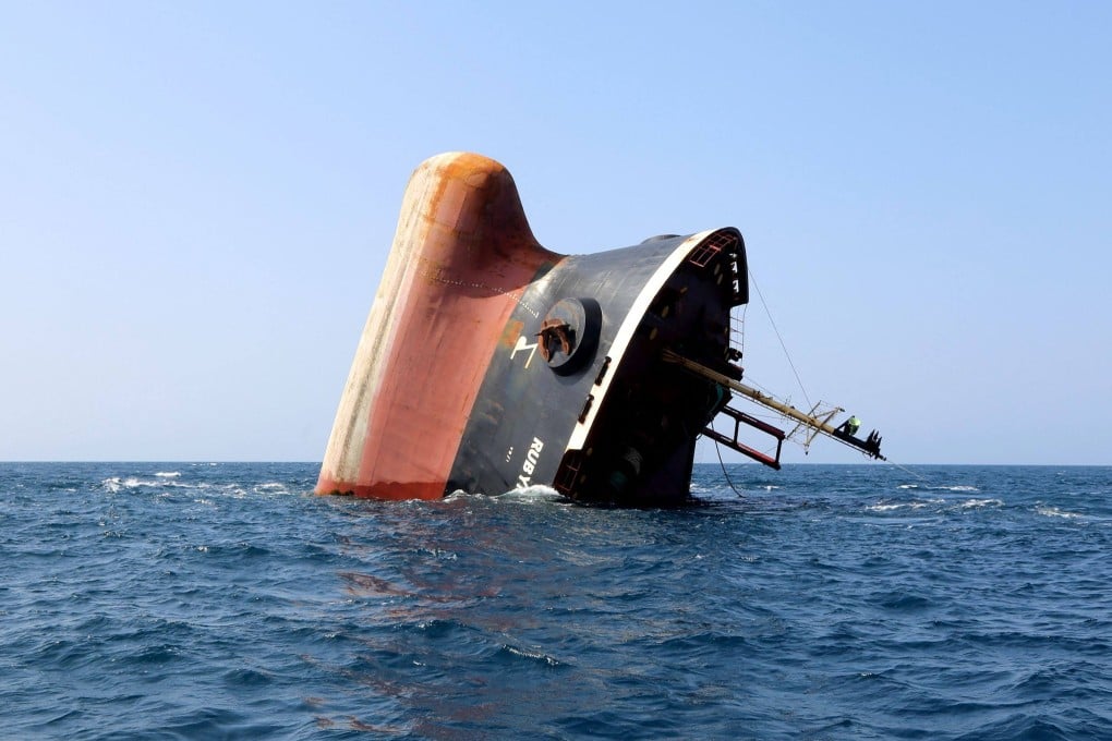 The Rubymar cargo ship sinking off the coast of Yemen in March, 2024 after a Houthi missile attack. File photo: AFP