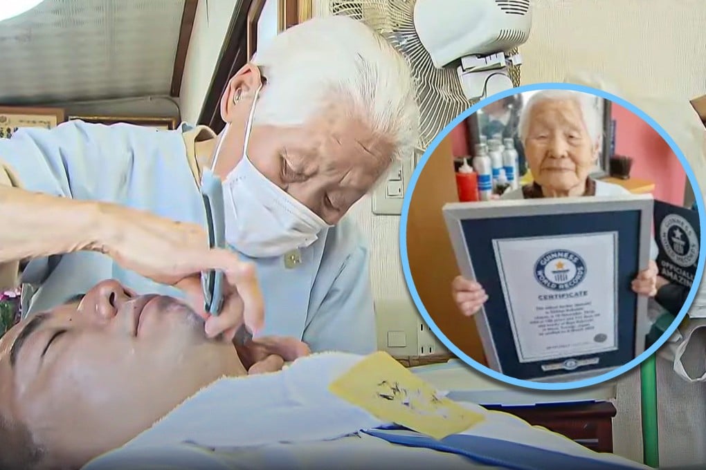 A 108-year-old Japanese woman has been recognised by the Guinness World Records as the “world’s oldest female barber”, having dedicated an incredible 94 years to her craft. Photo: SCMP composite/YouTube/QQ.com