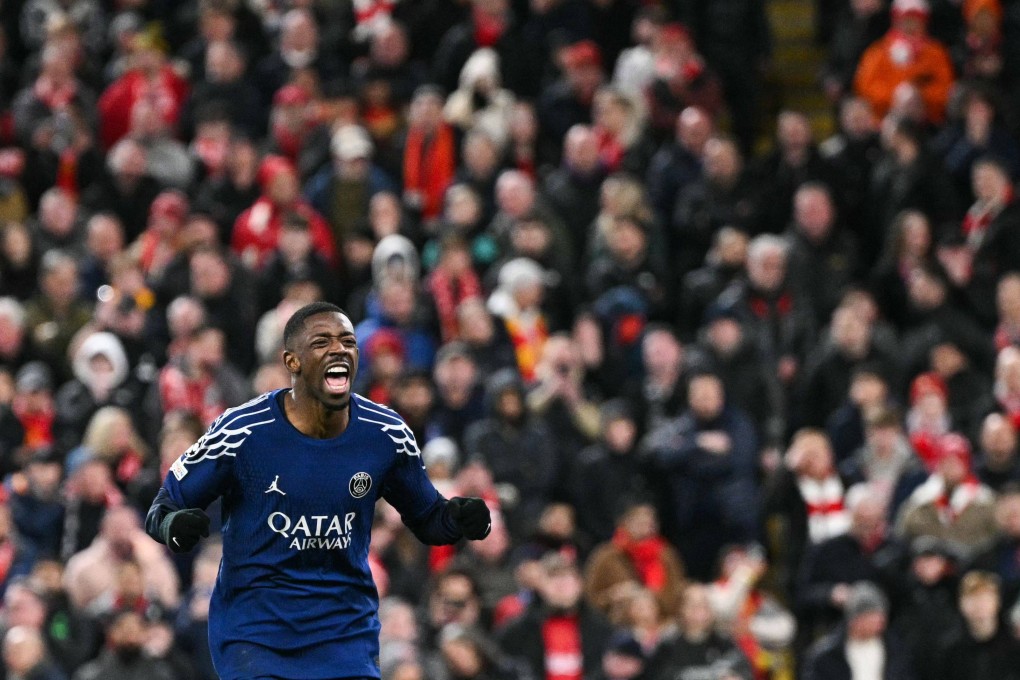 Paris Saint-Germain’s French forward Ousmane Dembele celebrates after scoring the winning penalty at Anfield. Photo: AFP