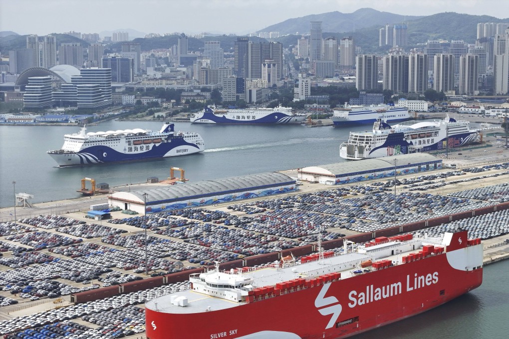 New vehicles awaiting transportation by a so-called ro-ro (roll on/roll off) ship in Yantai in eastern China’s Shandong province on August 6, 2024. Phot: Chinatopix via AP.
