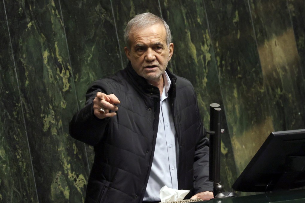 epa11934141 Iranian President Masoud Pezeshkian speaks during a Parliament session to defend his Minister of Economy and Finance at the Iranian Parliament in Tehran, Iran, 02 March 2025. According to the IRNA news agency, Pezeshkian said that we are in an economic war and, following the Iranian Supreme Leader’s order, we will not negotiate with the U.S.  EPA-EFE/ABEDIN TAHERKENAREH