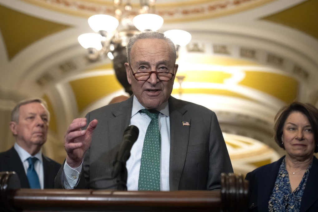 Democratic Senate leader Charles Schumer speaks to reporters on Capitol Hill on Tuesday. Photo: AP