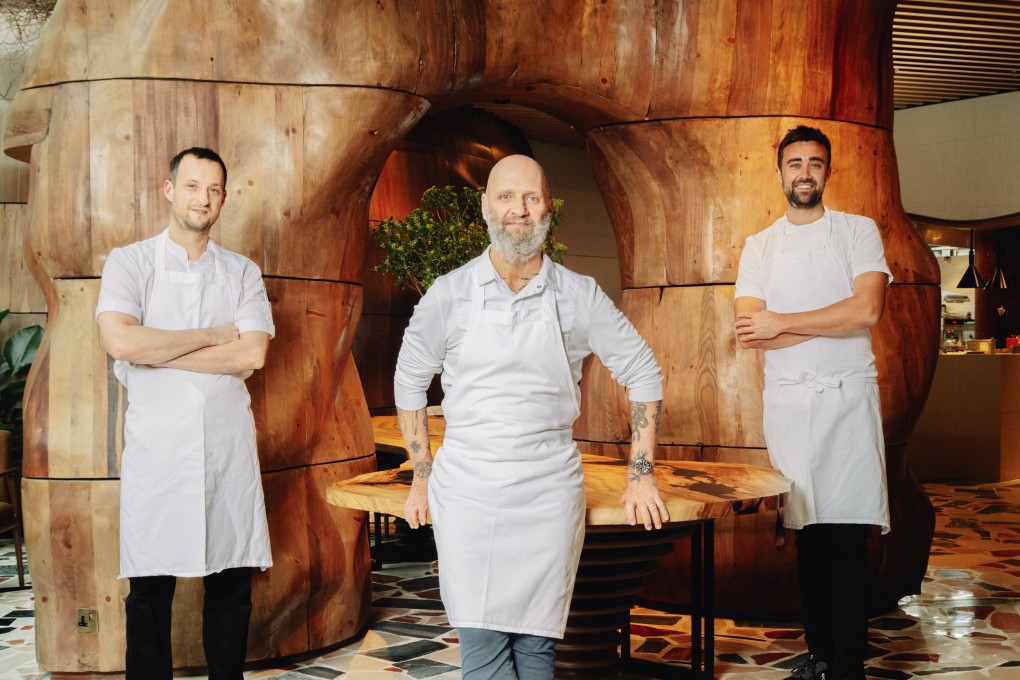 Simon Rogan (centre) with chefs Adam Catterall (left) and Oli Marlow, at Roganic. Photo: Jocelyn Tam