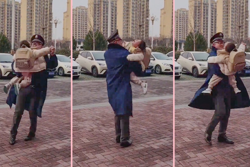 A kindergarten security guard in China has wowed millions of people online after he waltzed with a little girl who was upset because her mother was late in picking her up. Photo: SCMP composite/Douyin