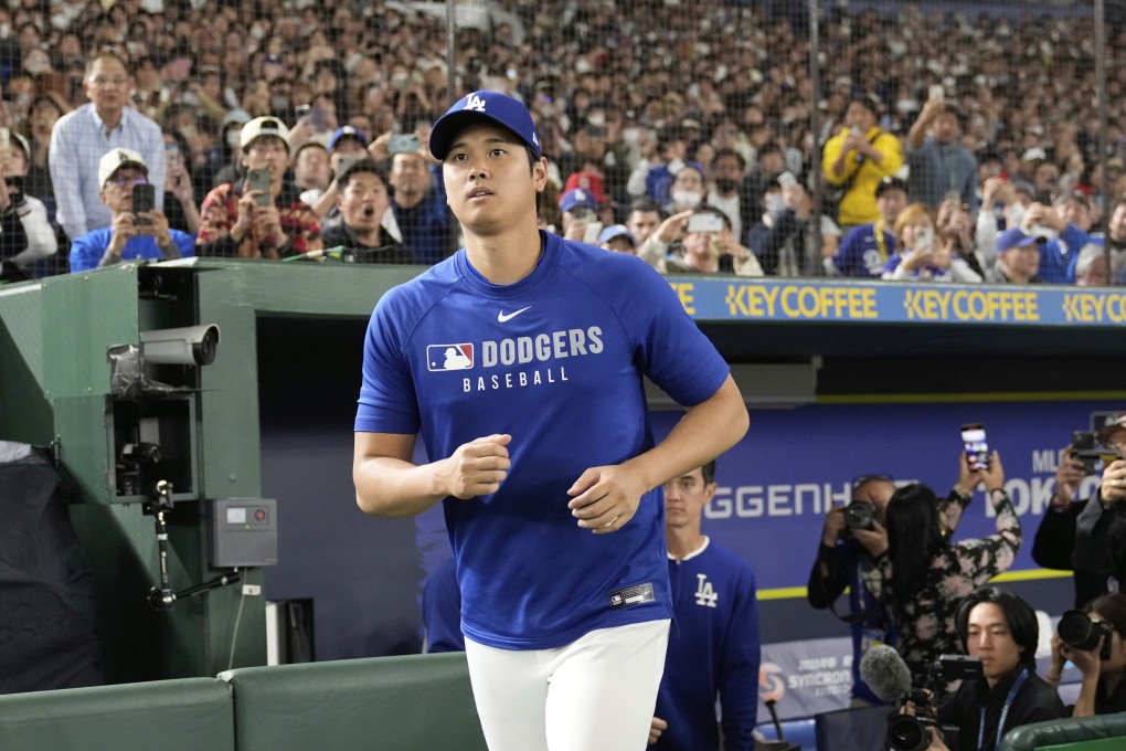 Shohei Ohtani of the Los Angeles Dodgers takes part in a practice session at Tokyo Dome on Friday. Photo: AP