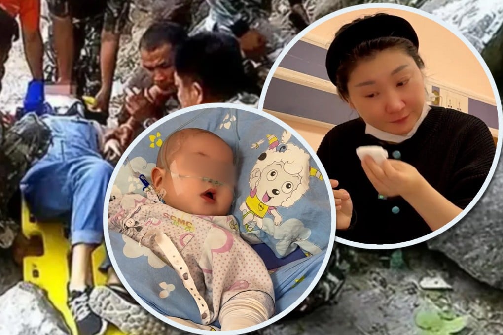 A Chinese woman who survived a cliff fall instigated by her husband revealed that her IVF newborn has congenital heart disease. Photo: SCMP composite/Douyin/Sohu