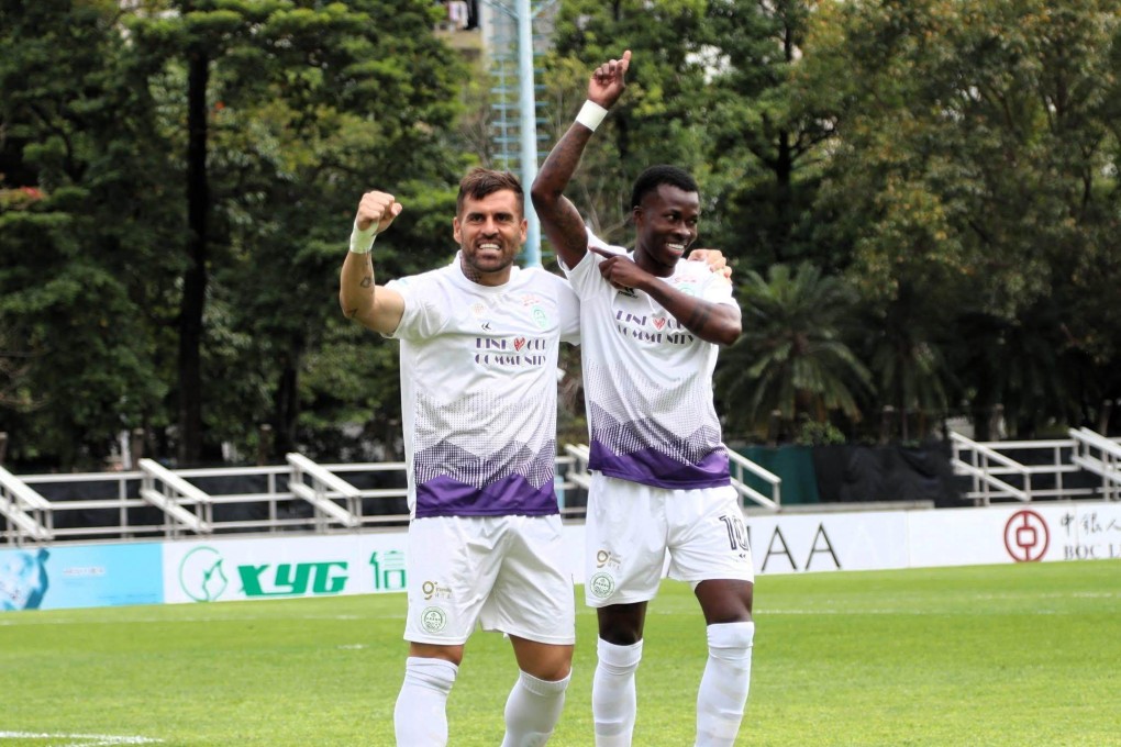 Leading Premier League scorer Lucas Silva (left) celebrates adding another goal to his collection with recent Tai Po signing Kevin Padilla. Photo: Tai Po