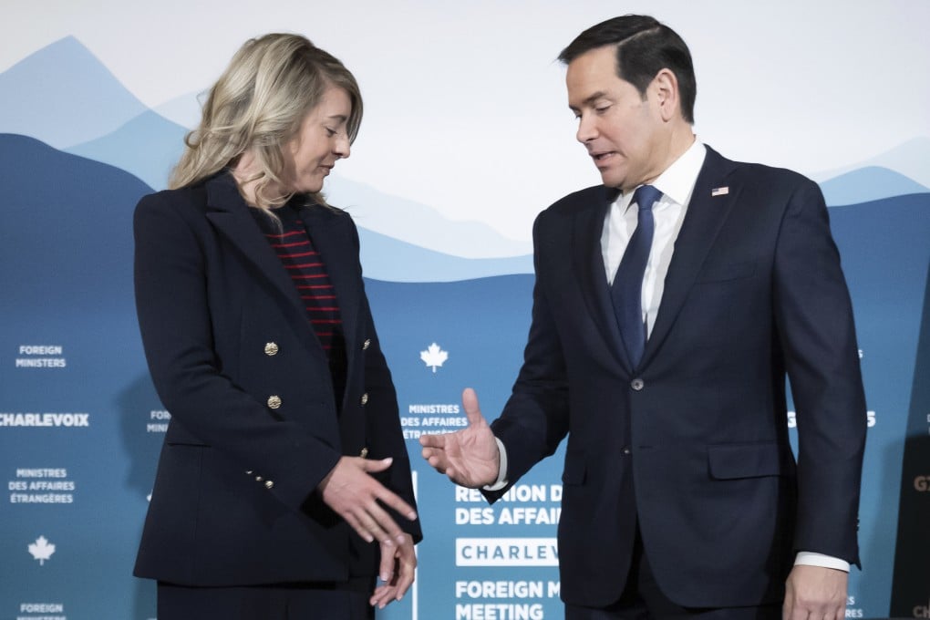 Canadian Foreign Minister Melanie Joly and US Secretary of State Marco Rubio meet on the sidelines of the G7 foreign ministers meeting in La Malbaie, Quebec, on Thursday. Photo: AP