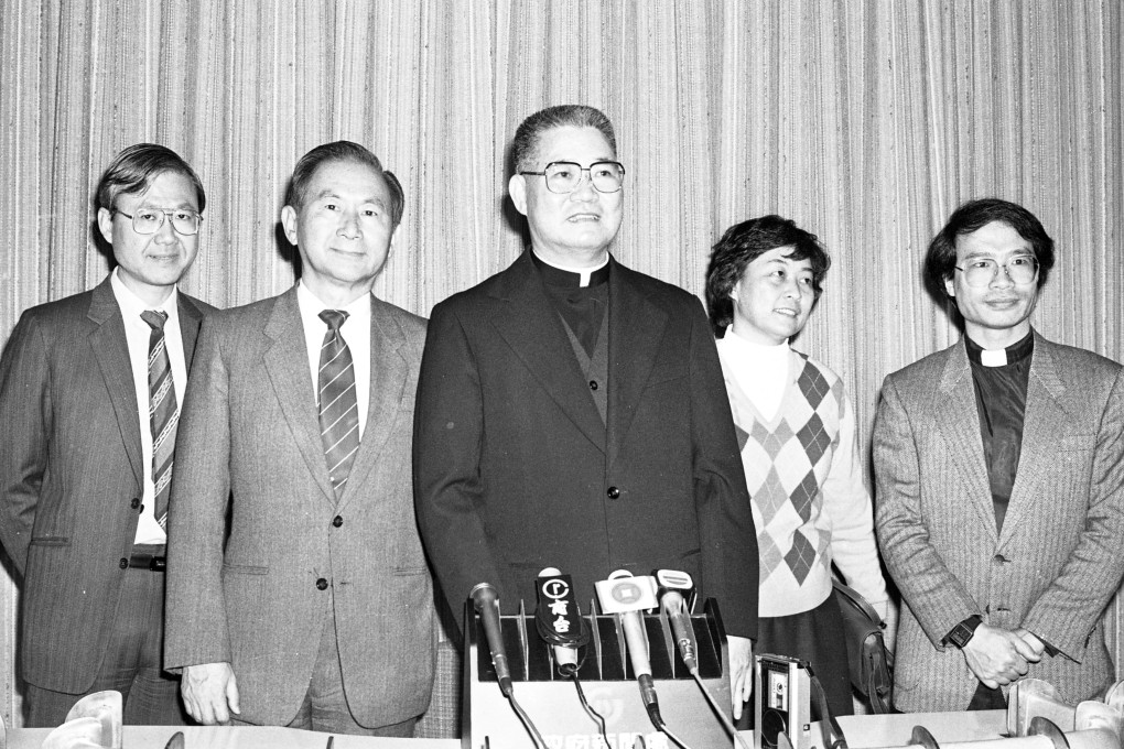 The Catholic Bishop of Hong Kong, the Most Rev John Baptist Wu (centre), heading a delegation to China, at a press conference in Kai Tak Airport in March 1985. Photo: P.Y. Tang