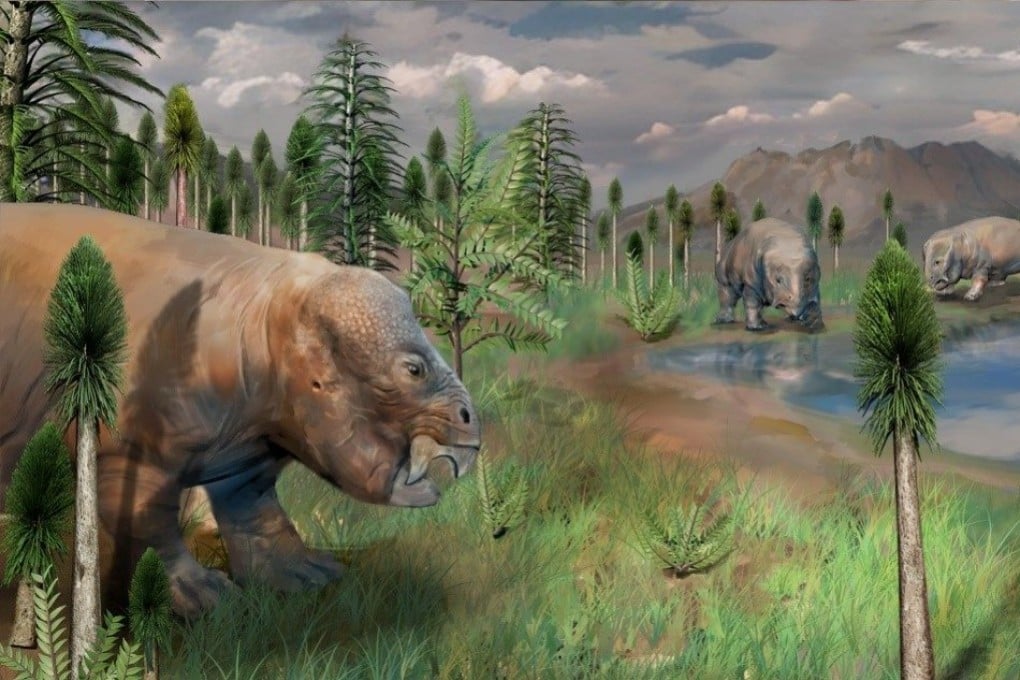 An artist’s reconstruction of the South Taodonggou section of the Turpan-Hami Basin before the mass extinction. Image: Yang Dinghua