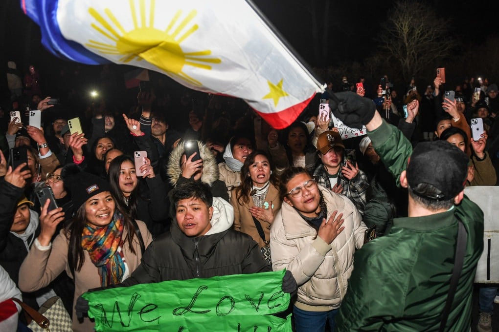 Supporters of former Philippine president Rodrigo Duterte gather outside the ICC detention centre in The Hague, Netherlands, on March 12. Photo: Xinhua