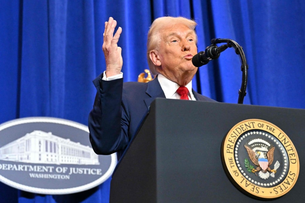 US President Donald Trump speaks at the Department of Justice in Washington on Friday. Photo: AFP
