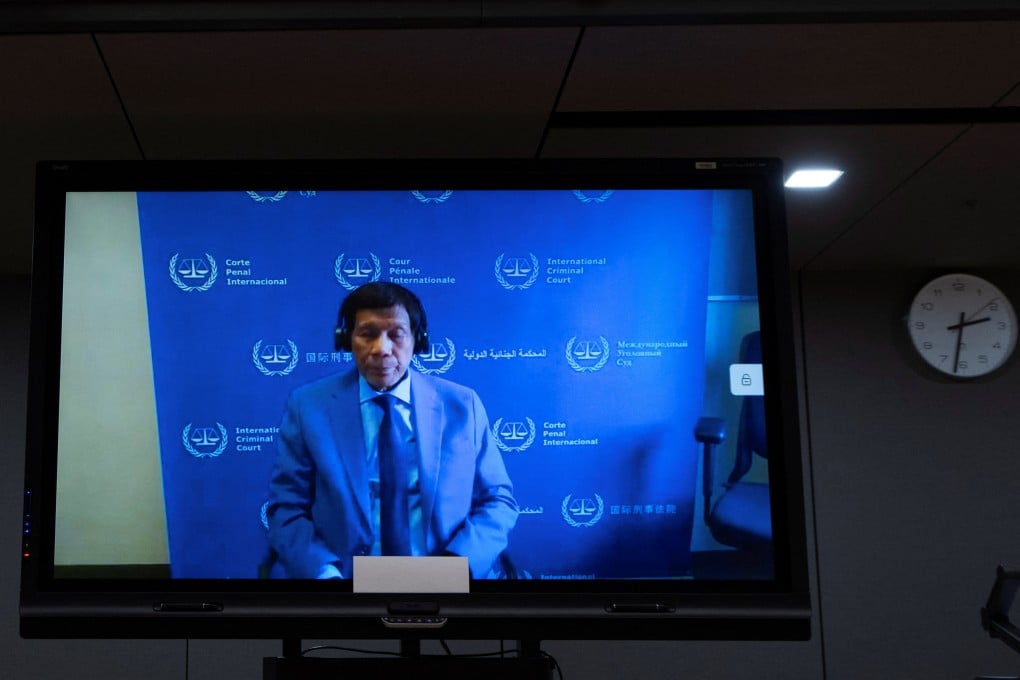 Former Philippine president Rodrigo Duterte is seen on a screen in the courtroom of the International Criminal Court in The Hague on March 14, 2025. Photo: pool via Reuters