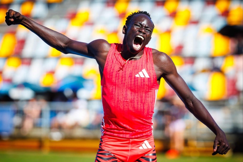 Australia’s Gout Gout celebrates after winning the 200m final at the Queensland State Championships in Brisbane on Sunday. Photo: AFP