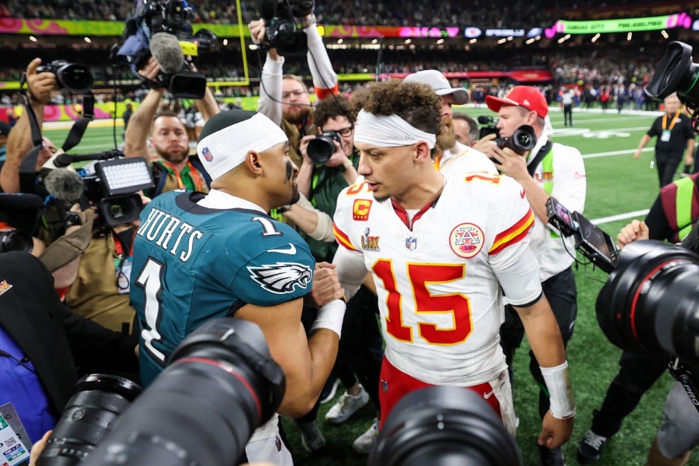 Jalen Hurts of the Philadelphia Eagles and Patrick Mahomes of the Kansas City Chiefs embrace after Super Bowl LIX at Caesars Superdome in February, in New Orleans, Louisiana. Photo: Getty Images